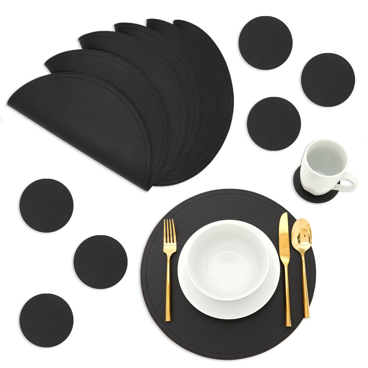 Juvale Round Vegan Leather Table Placemats & Coasters - Waterproof & Heat-Resistant Dining Table Decor - Easy Wipe-Clean Kitchen Decor - Durable Everyday Placemats - Black, 13.4", Set of 6